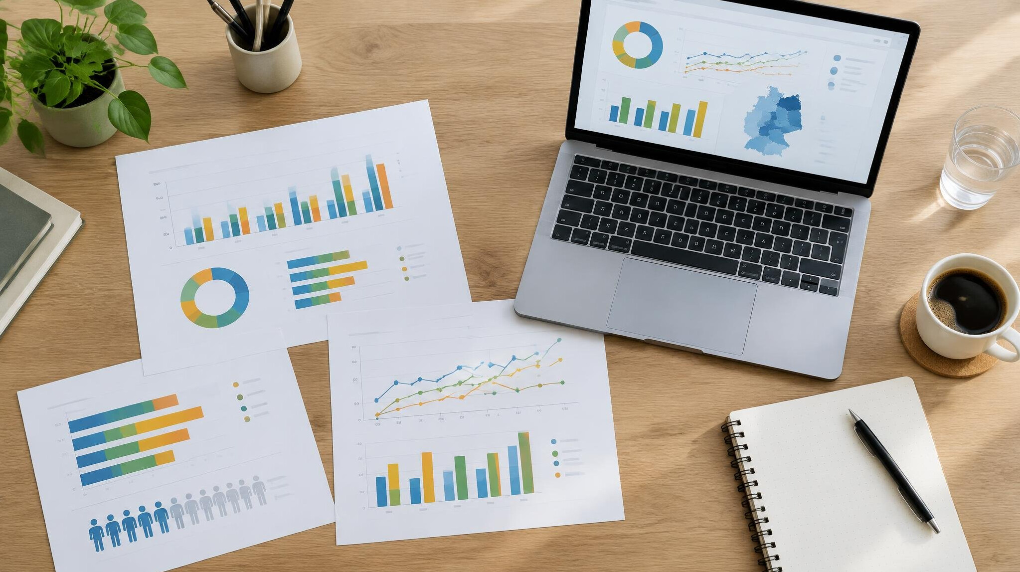 Desk with printed survey charts and a laptop showing data graphs