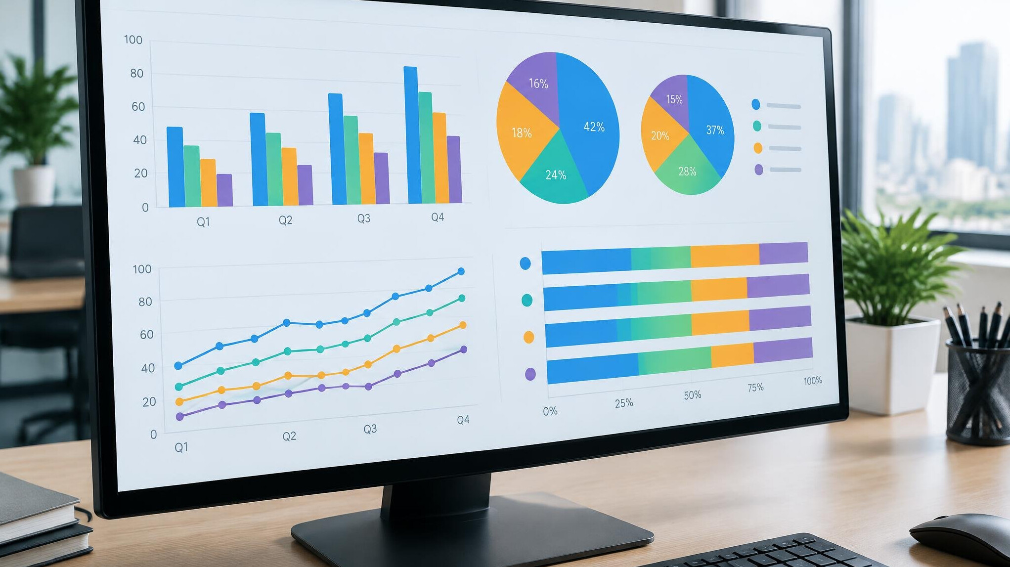 Large monitor displaying colorful data charts and graphs